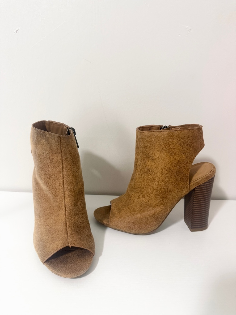 BAMBOO Tan Open-Toe Block Heel Ankle Booties